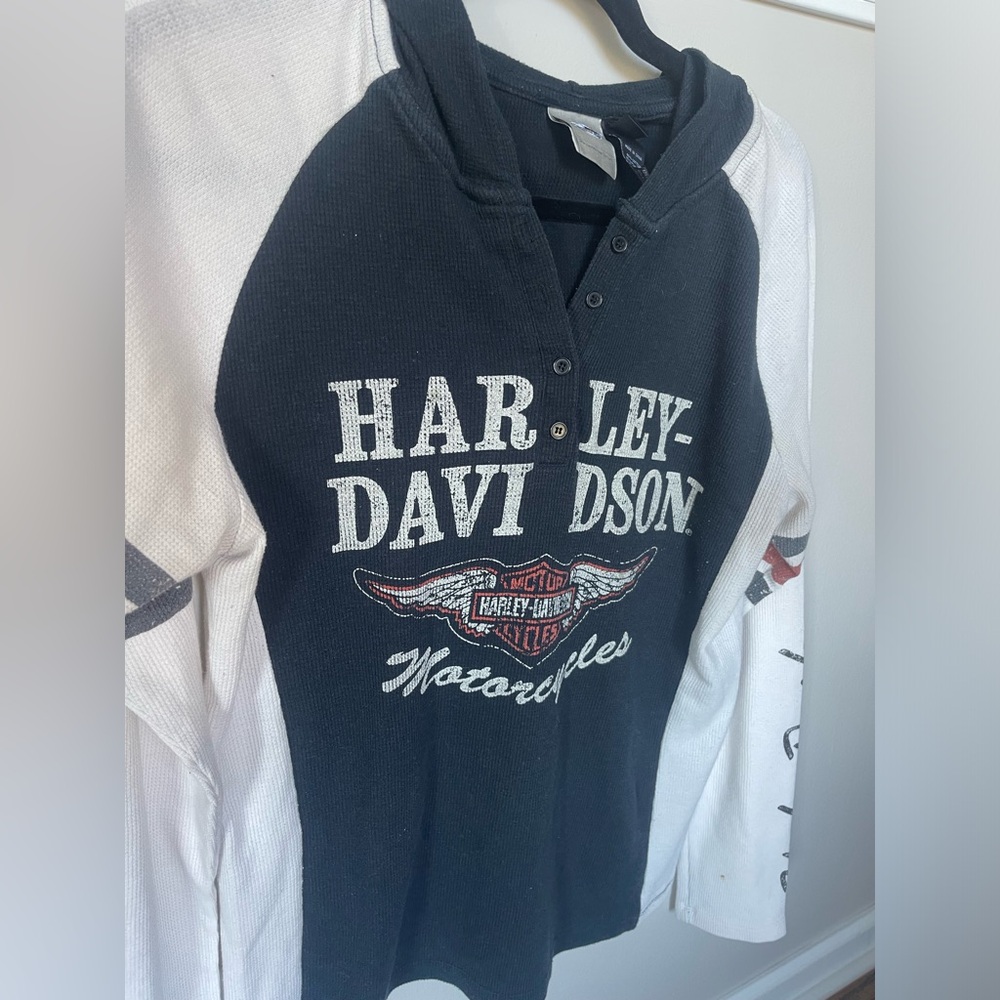 Vintage Y2k Harley Davidson hooded waffle top L - Picture 4 of 4